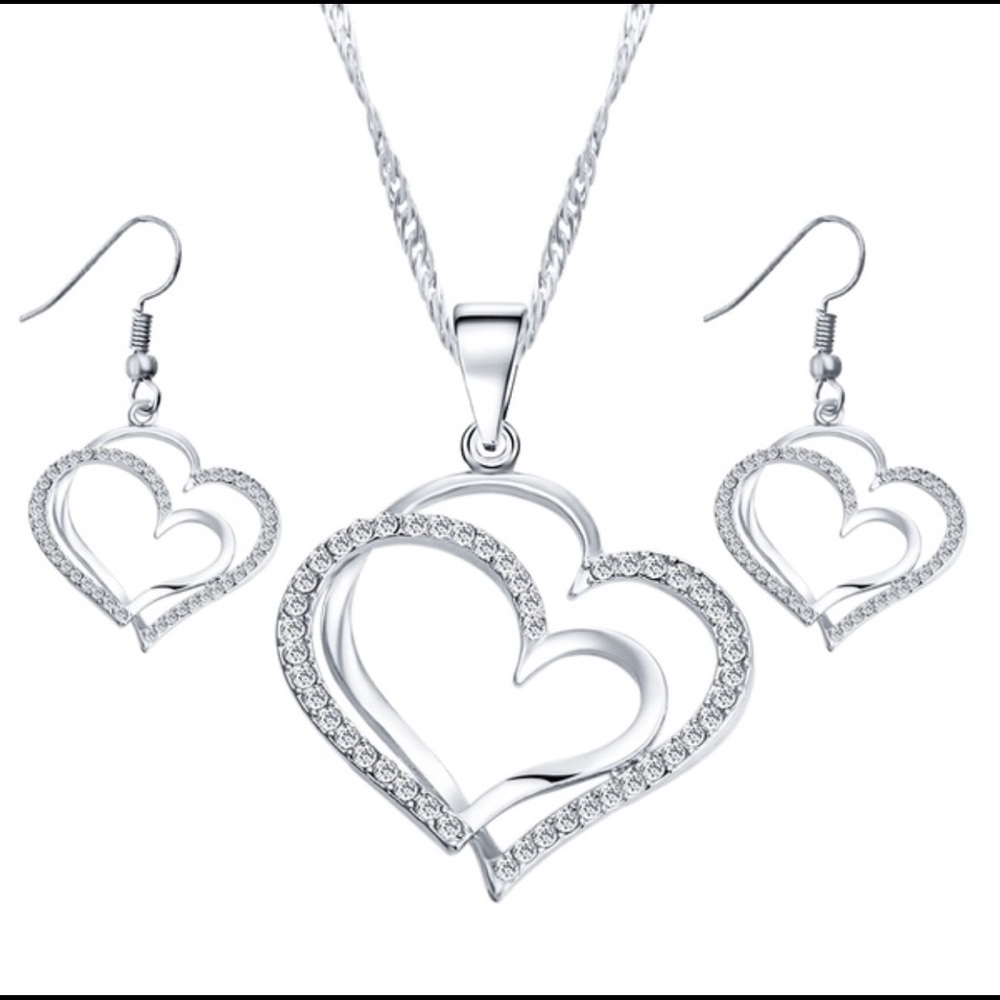 Silver plated heart necklace and earring set - Fashion Jewelry